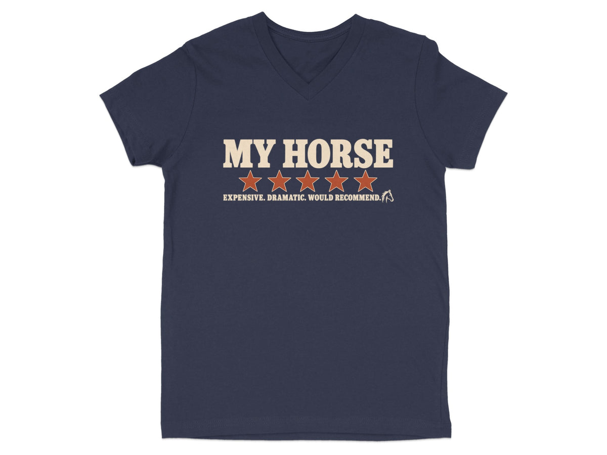Navy t-shirt with "MY HORSE" text, four stars, and "EXPENSIVE. DRAMATIC. WOULD RECOMMEND."
