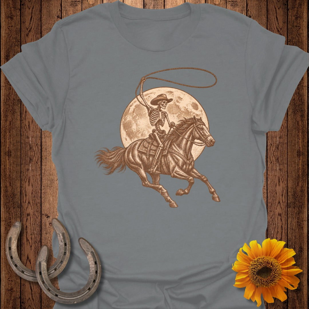 Skeleton cowboy on horseback with lasso against a full moon.