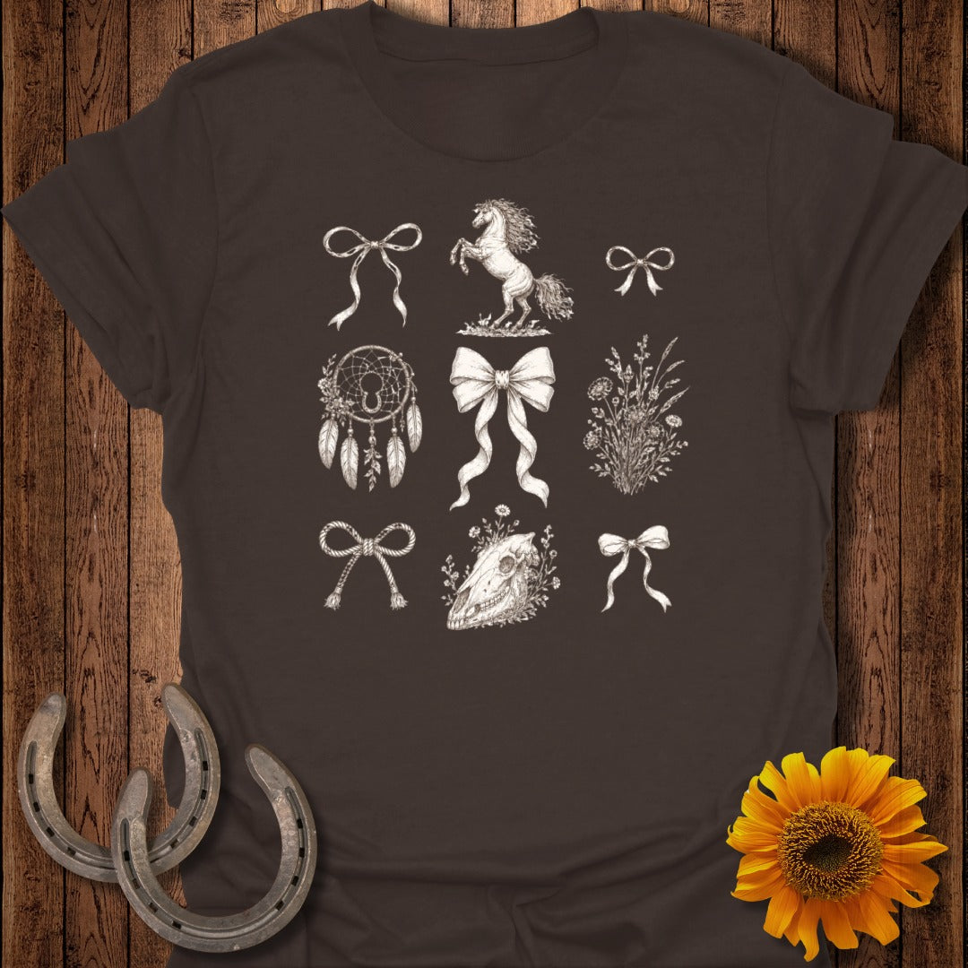 T-shirt with assorted drawings: horse, skull, flowers, bows, and dreamcatcher.