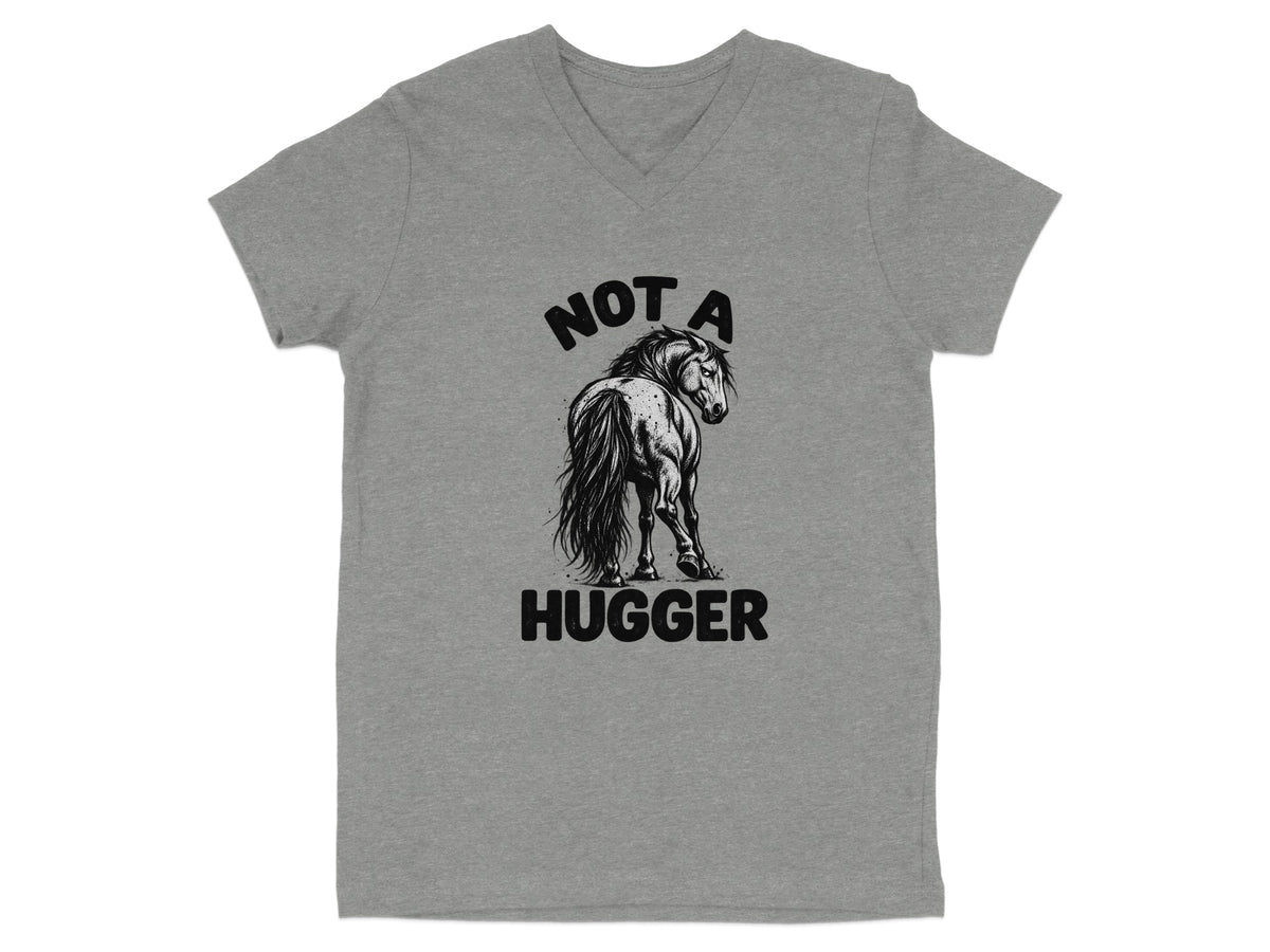 Grey v-neck t-shirt with a horse graphic and "NOT A HUGGER" text.