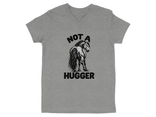 Grey v-neck t-shirt with a horse graphic and "NOT A HUGGER" text.