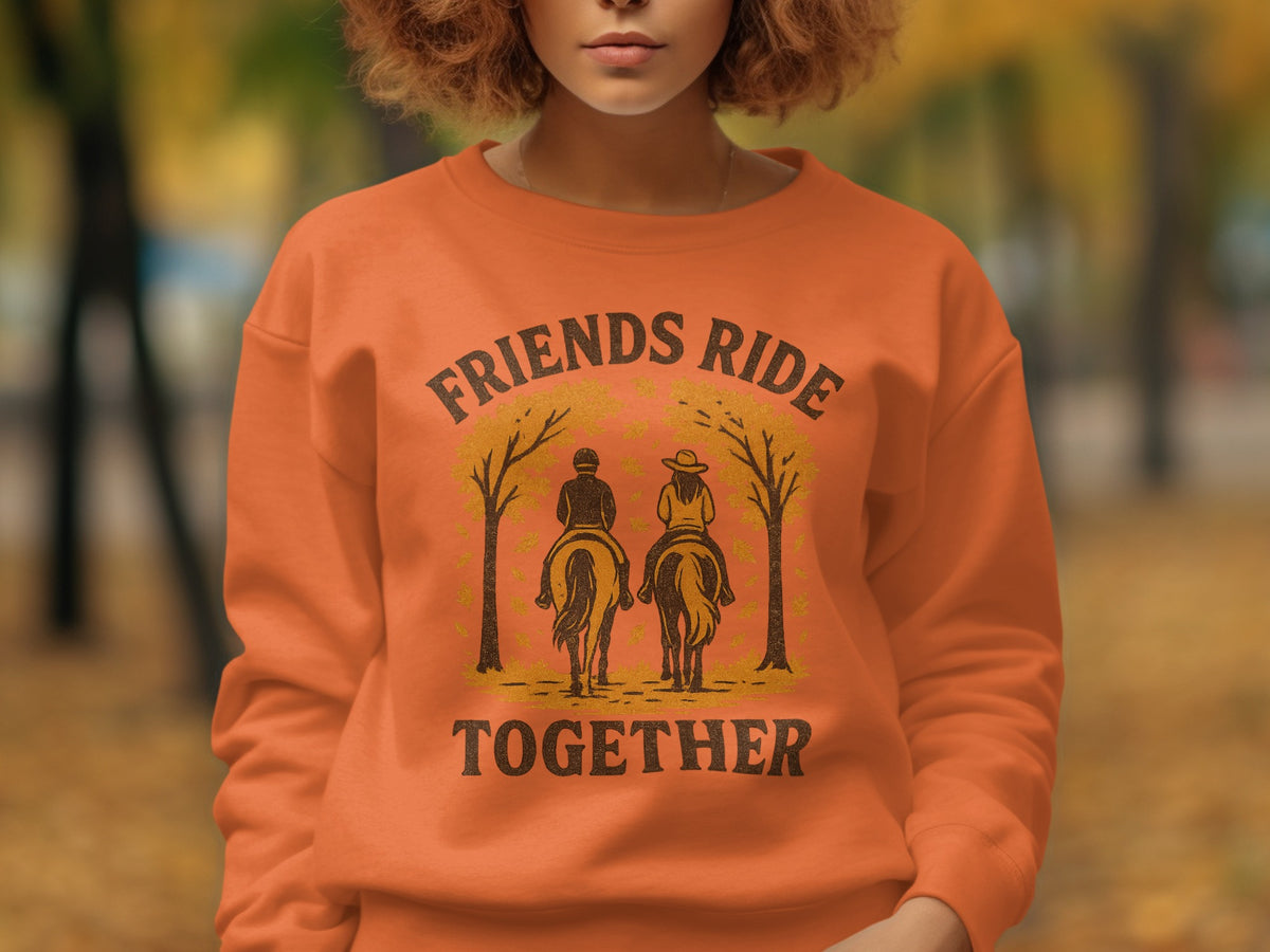 Orange sweatshirt with "Friends Ride Together" text and horseback riders graphic.