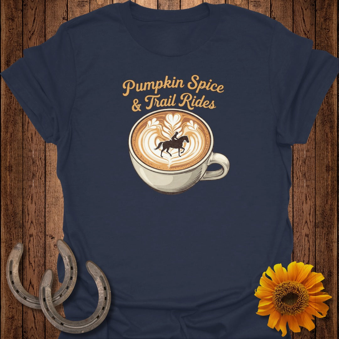 Navy t-shirt with "Pumpkin Spice & Trail Rides" and coffee latte art.