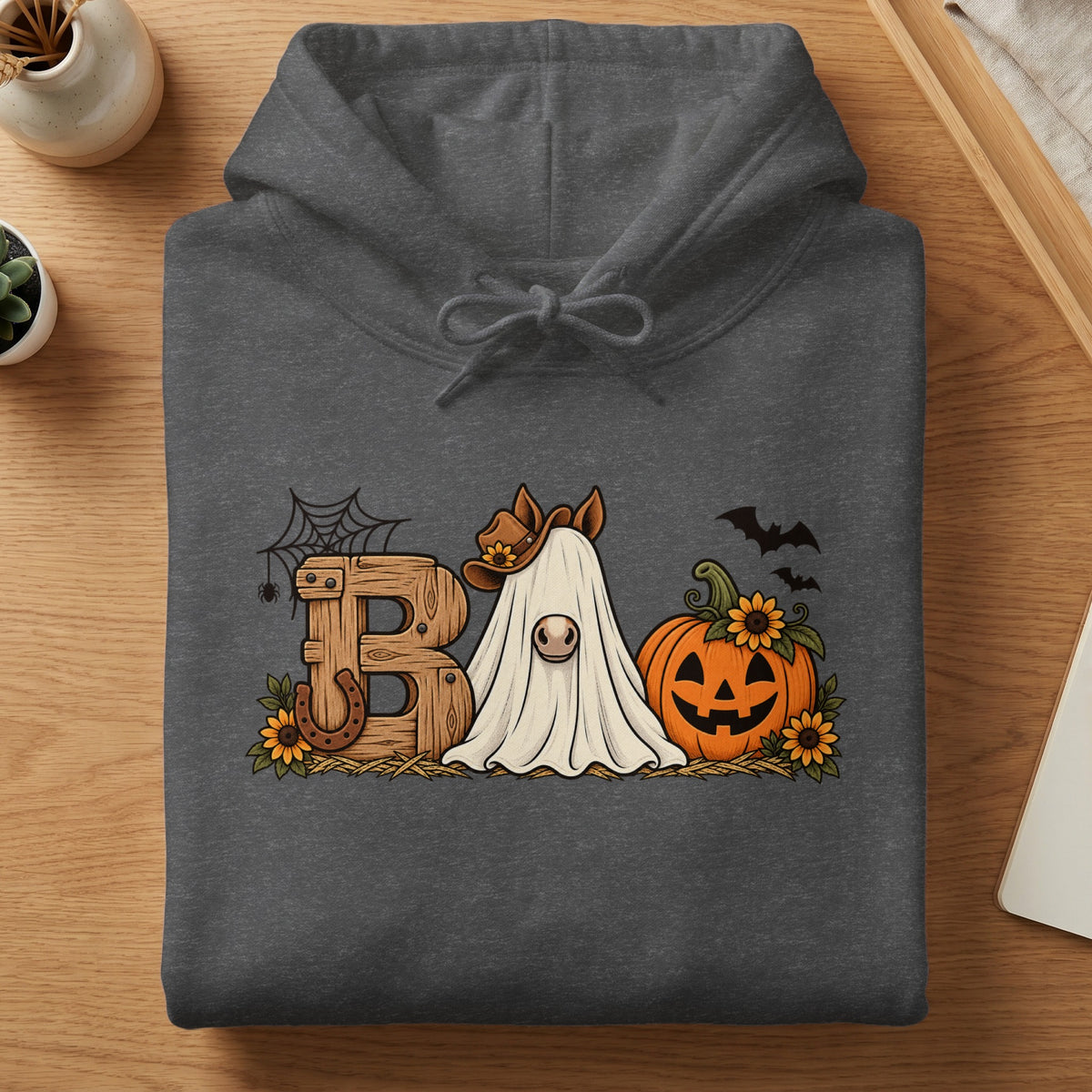 Halloween ghost horse graphic with a cowboy hat, pumpkin, and "B" text.