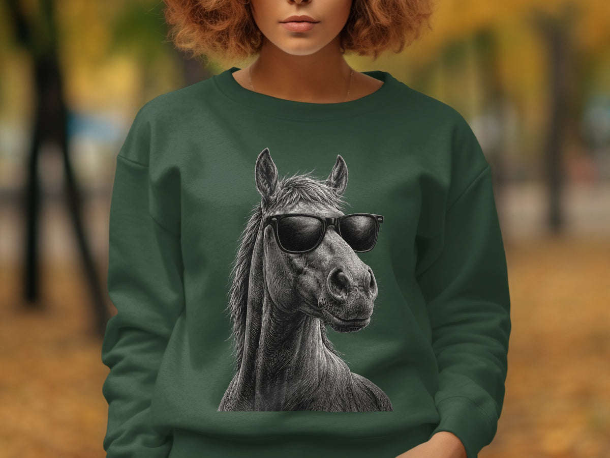 Green sweatshirt with a black and white sketch of a horse wearing sunglasses.