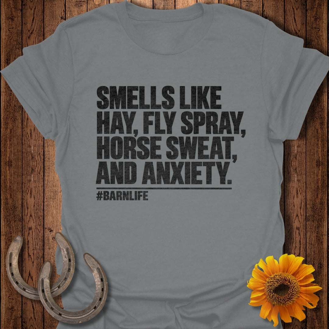 A gray t-shirt featuring the text "SMELLS LIKE HAY, FLY SPRAY, HORSE SWEAT, AND ANXIETY. #BARNLIFE" with horseshoes and a sunflower on a wooden background.