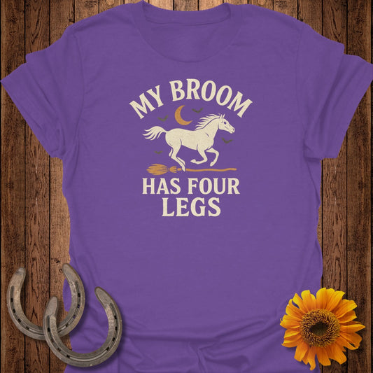 Purple t-shirt with "My Broom Has Four Legs" text and horse graphic.