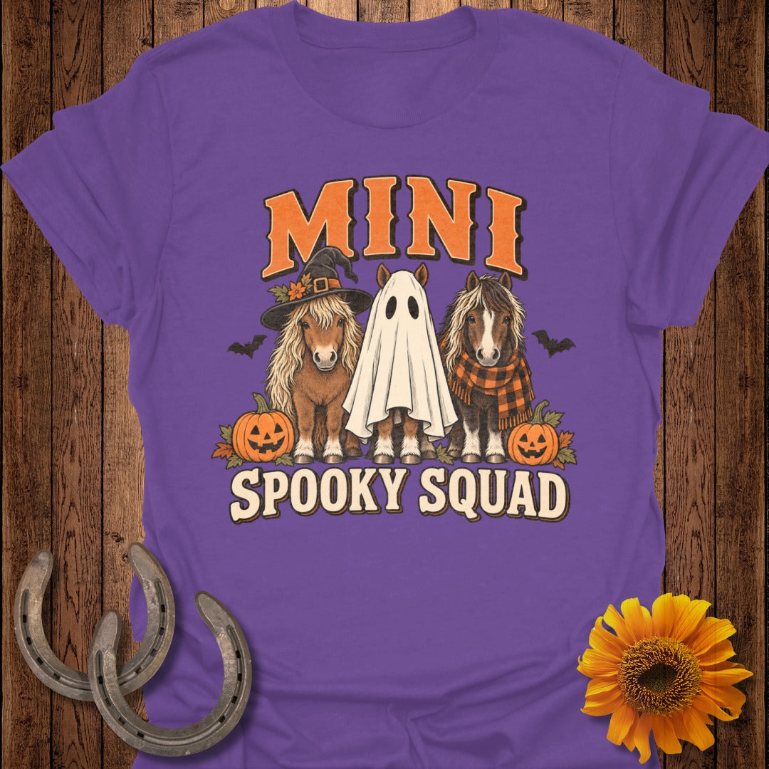 Purple t-shirt with "MINI SPOOKY SQUAD" text and three mini horses dressed for Halloween.