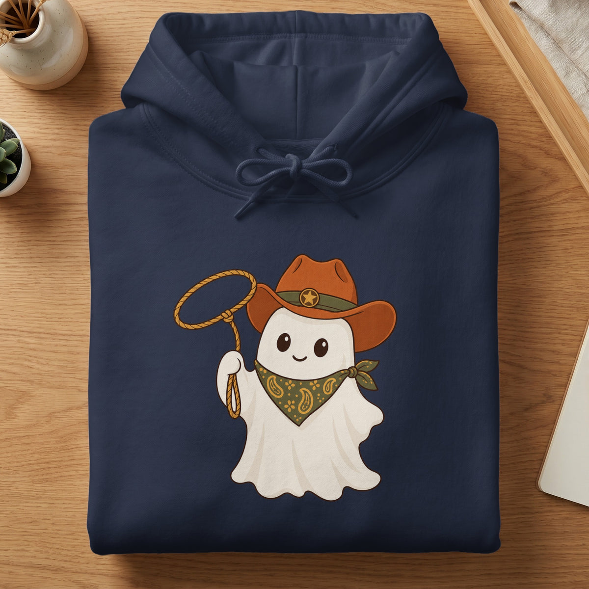 Navy hoodie with a cartoon ghost cowboy and lasso graphic.