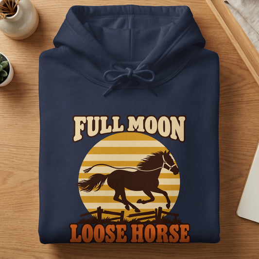 Navy hoodie with "Full Moon Loose Horse" text and a running horse graphic.