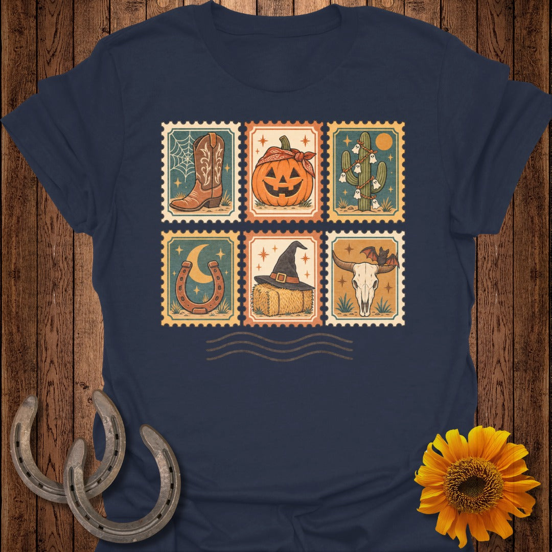 Navy t-shirt with six postage stamps featuring cowboy boot, pumpkin, cacti, horseshoe, witch hat, and bull skull.