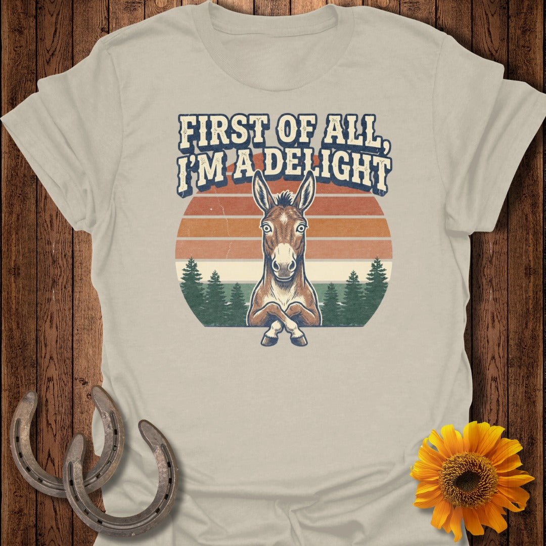 T-shirt with a cartoon donkey and text "First of all, I'm a delight."