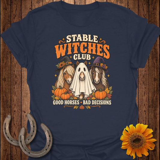 Stable Witches Club graphic with horses, pumpkins, and text "Good Horses Bad Decisions".