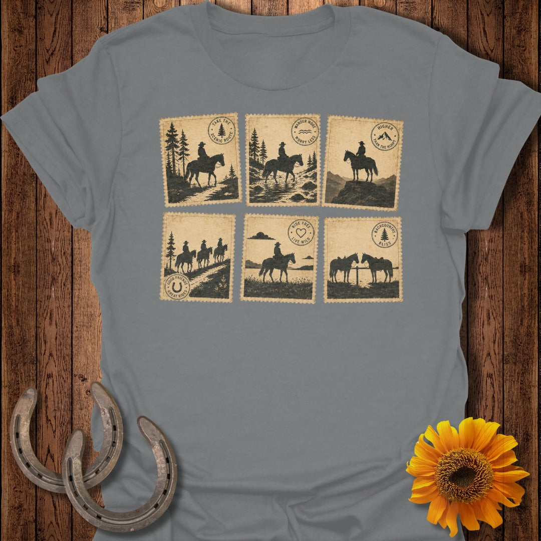 Grey t-shirt with six vintage postage stamp designs of horses and riders.