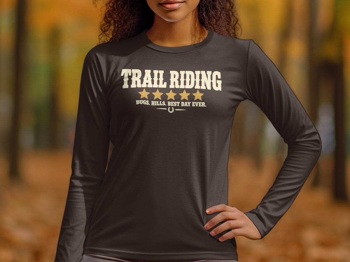 Dark long-sleeve shirt with "TRAIL RIDING" and horseshoe graphic.