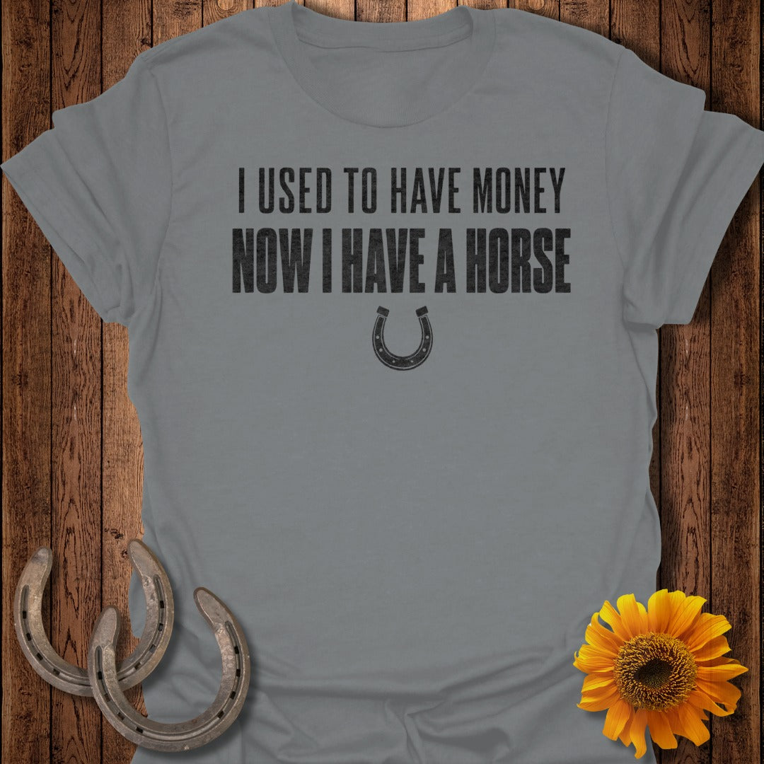 Gray t-shirt with text "I USED TO HAVE MONEY NOW I HAVE A HORSE and horseshoe graphic."