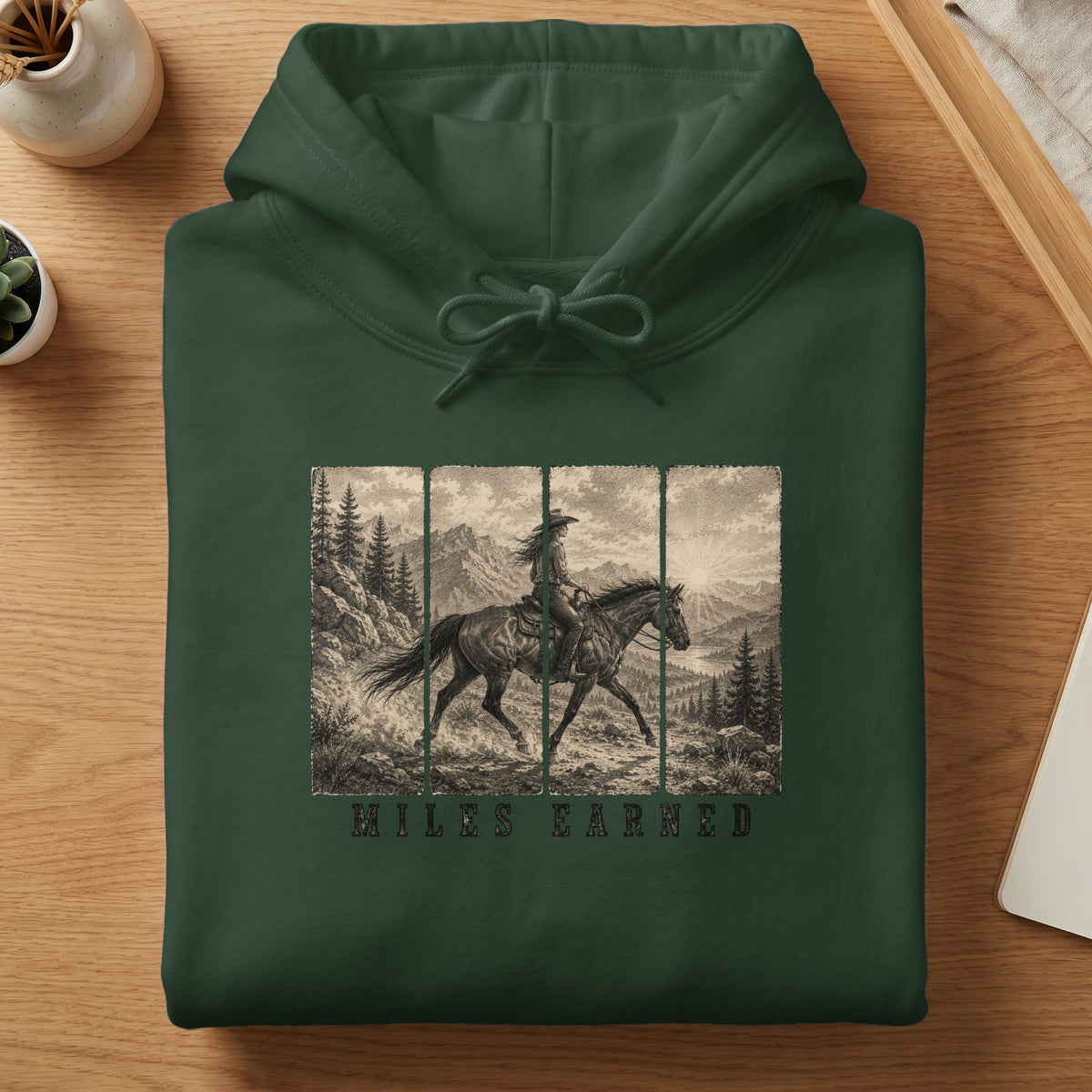 Dark green hoodie with a vintage black and white graphic of a person riding a horse through mountains.