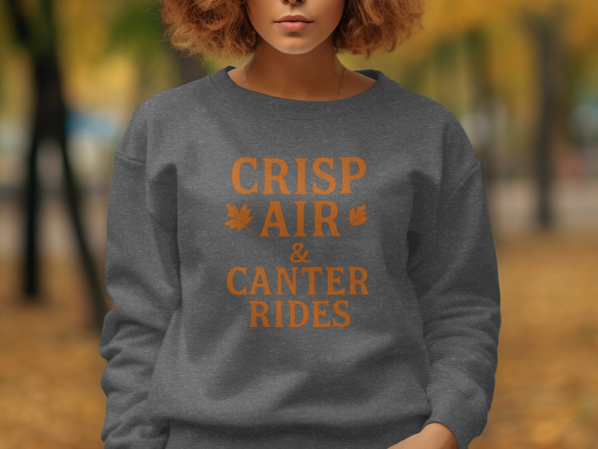 Grey sweatshirt with orange text "CRISP AIR & CANTER RIDES" and leaf graphics.