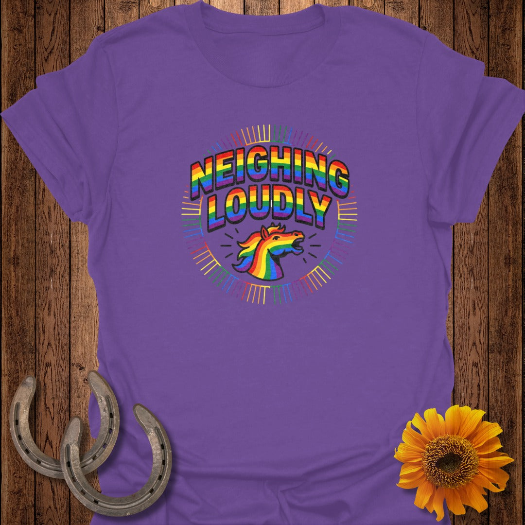 Purple t-shirt with "Neighing Loudly" text and rainbow horse graphic.