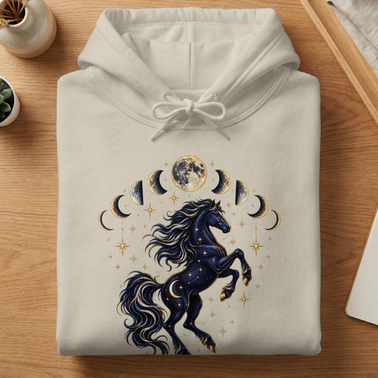 Cream hoodie featuring a dark starry horse with moon phases and stars graphic.
