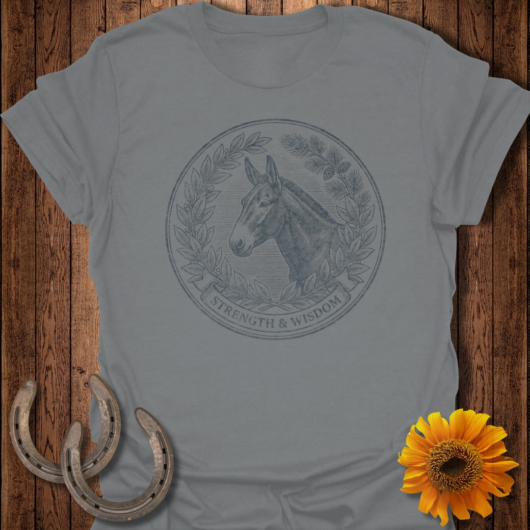 Grey t-shirt with a circular emblem featuring a horse head, laurel wreath, and text.