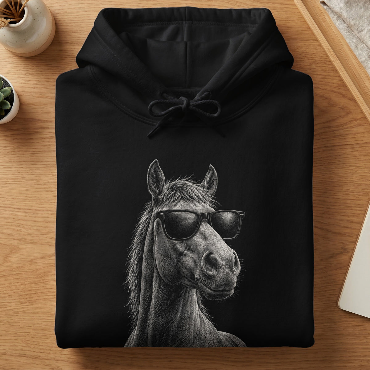 Black hoodie with a sketch of a horse wearing sunglasses.