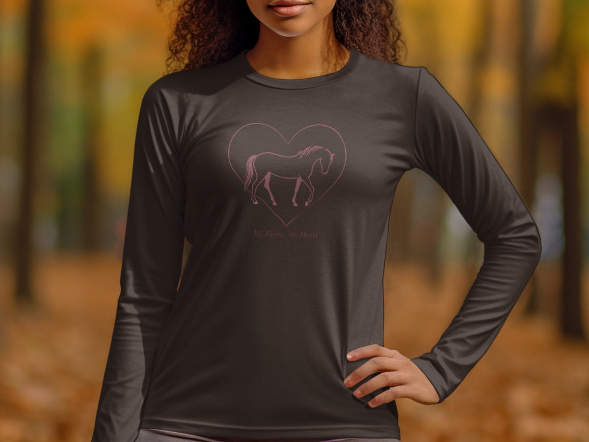 Dark long-sleeve shirt with a pink heart outline containing a horse and the text "My Horse. My Heart".