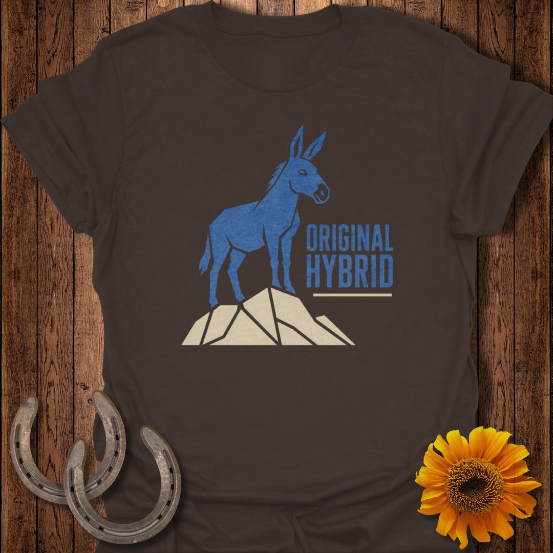 Blue donkey silhouette on mountain peak with "ORIGINAL HYBRID" text.