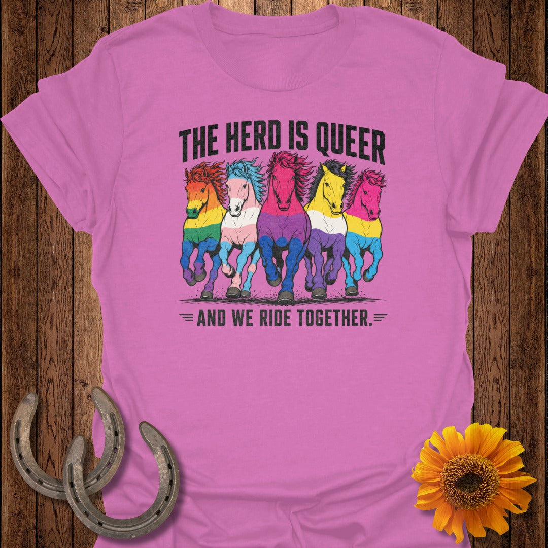 Pink t-shirt with five horses in pride flag colors and text.