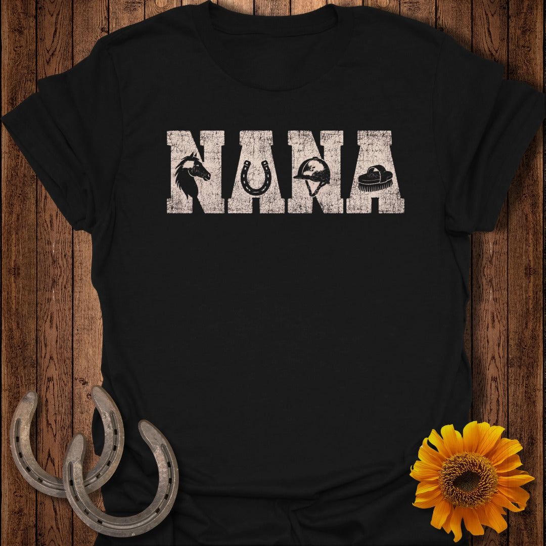 Black t-shirt with "NANA" in distressed text, horse, horseshoe, and hat graphics.