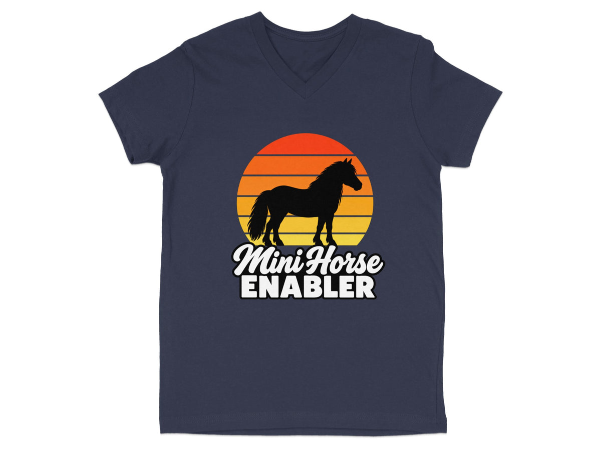 Dark blue V-neck t-shirt featuring a retro sunset graphic with a horse silhouette and white text reading Mini Horse ENABLER.
