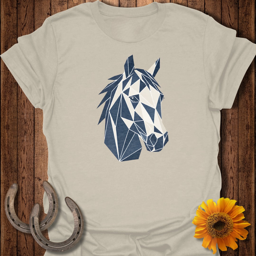 Beige t-shirt with abstract dark blue and white horse head design.