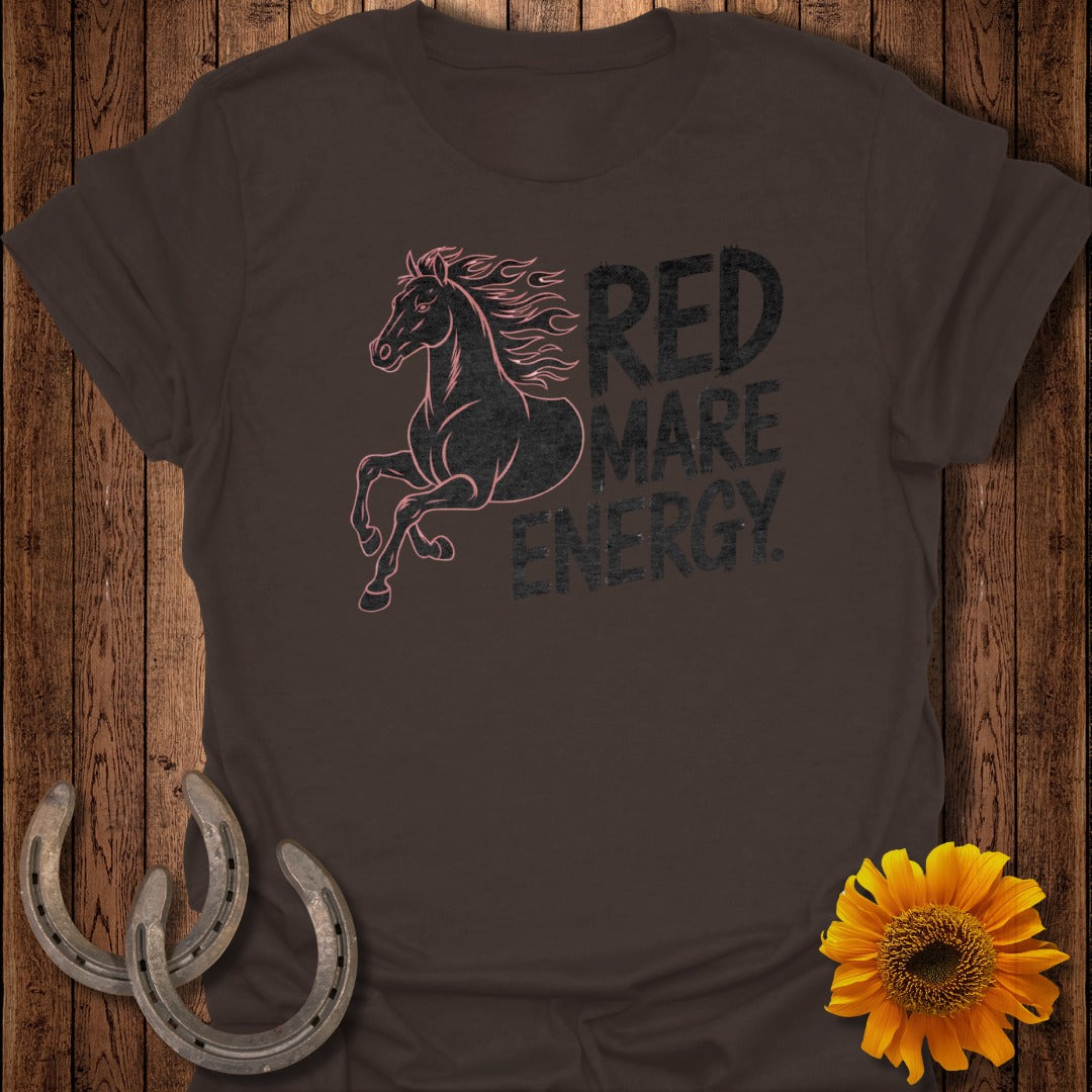 Brown t-shirt with black horse graphic and "RED MARE ENERGY" text.