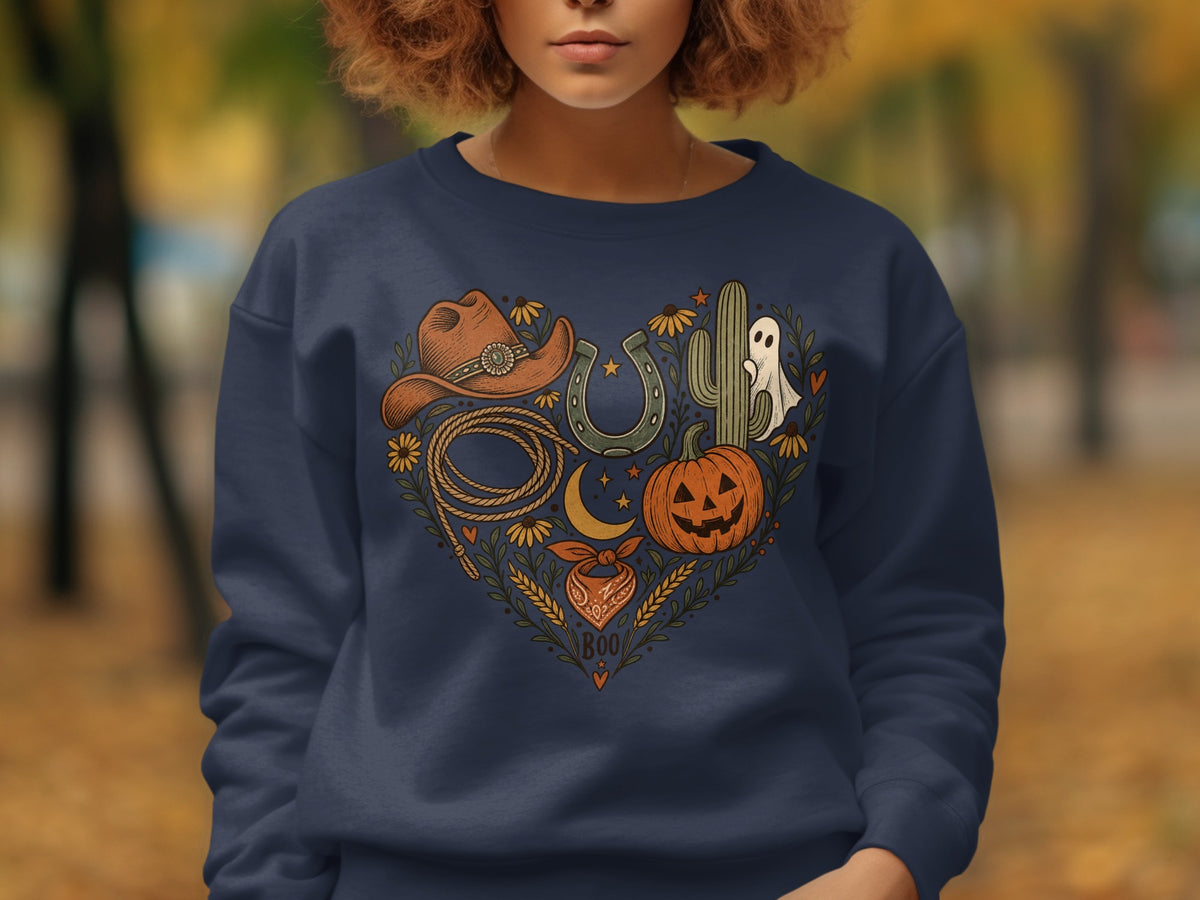 Navy sweatshirt with a heart-shaped graphic of cowboy hat, cactus, ghost, and pumpkin.