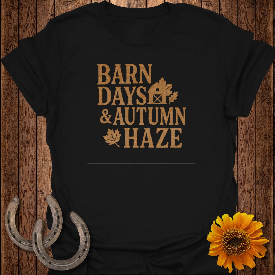 Black t-shirt with "Barn Days & Autumn Haze" text and autumn graphics.