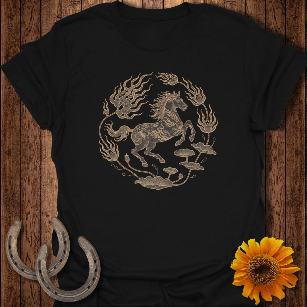 Black t-shirt with a golden horse and floral design.