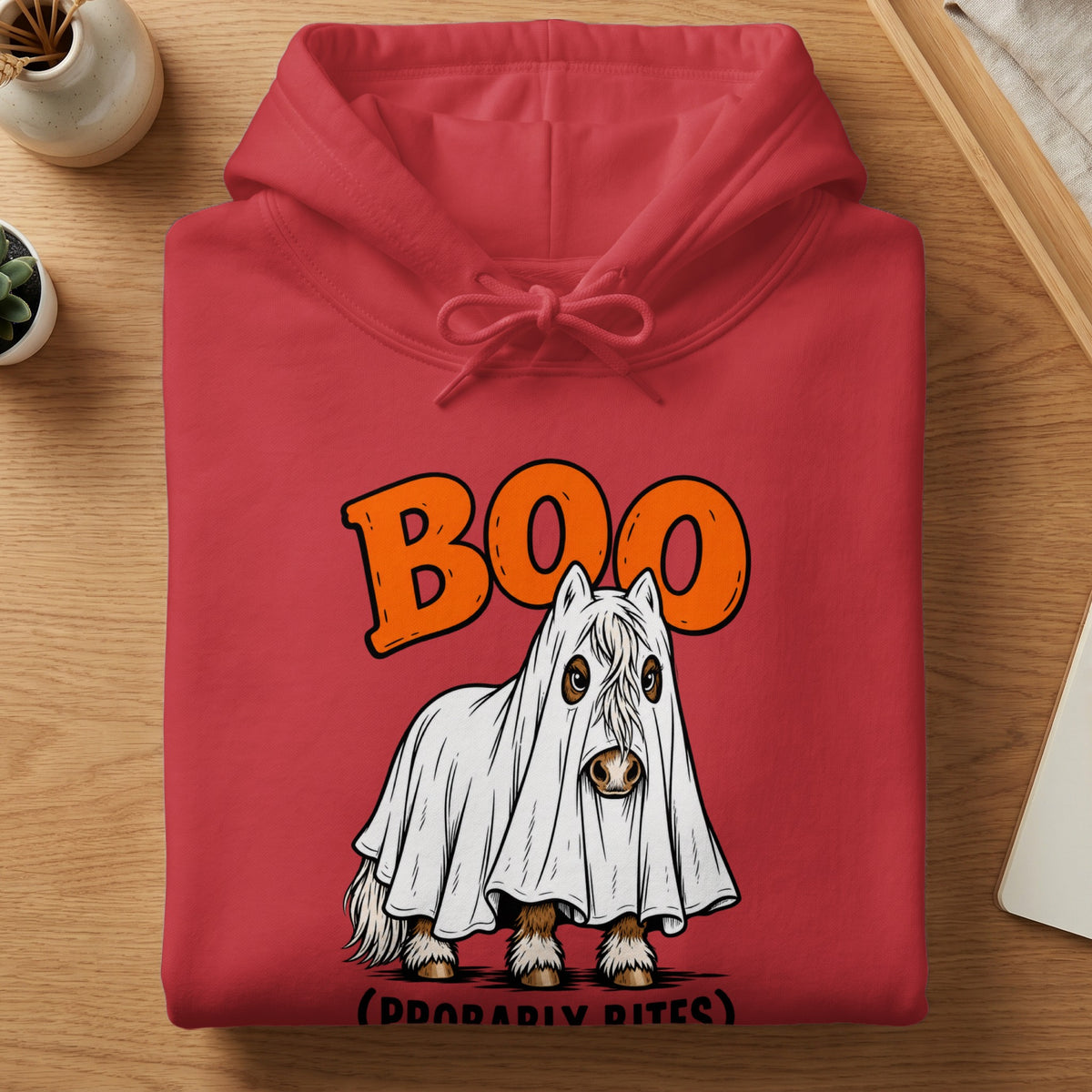 Red hoodie with a ghost horse graphic that says "BOO (PROBABLY BITES)".