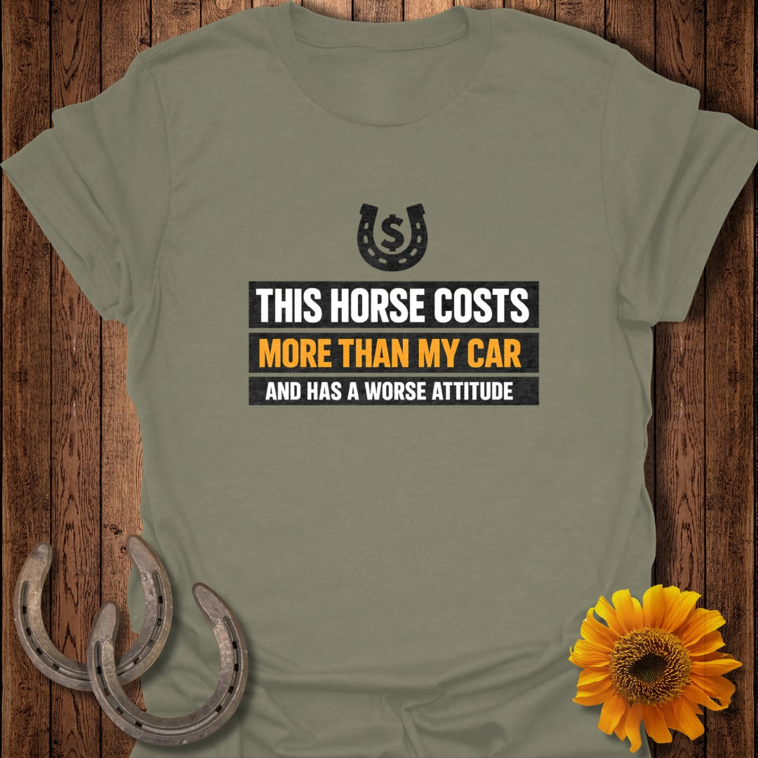 Green t-shirt with "This horse costs more than my car and has a worse attitude" text.
