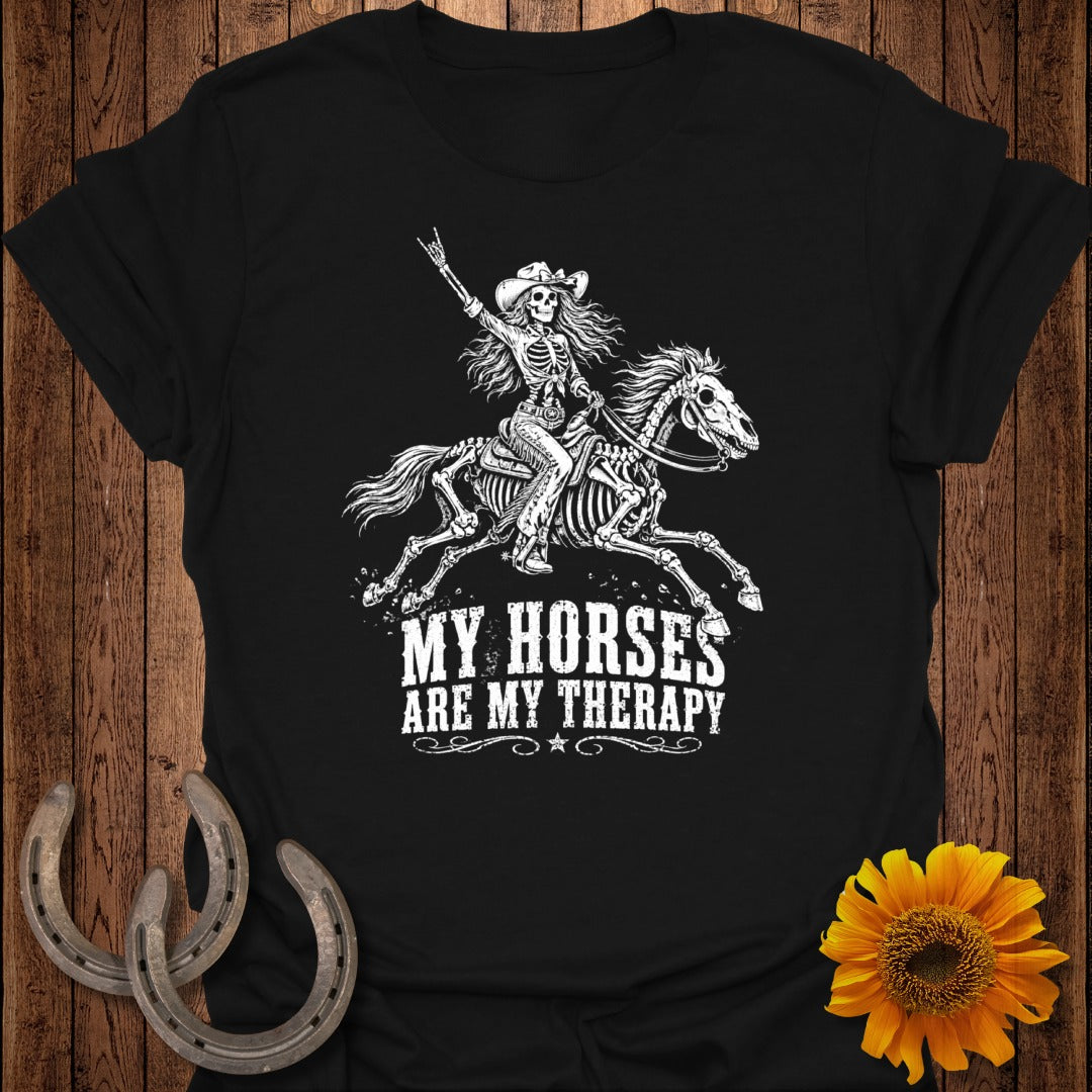 Skeleton on horseback with text "My Horses Are My Therapy."