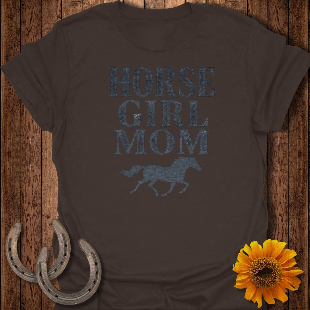 Brown t-shirt with "HORSE GIRL MOM" text and a running horse graphic.