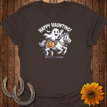 Ghost riding a white horse with a pumpkin saddlebag and "Happy Haunting!" text.
