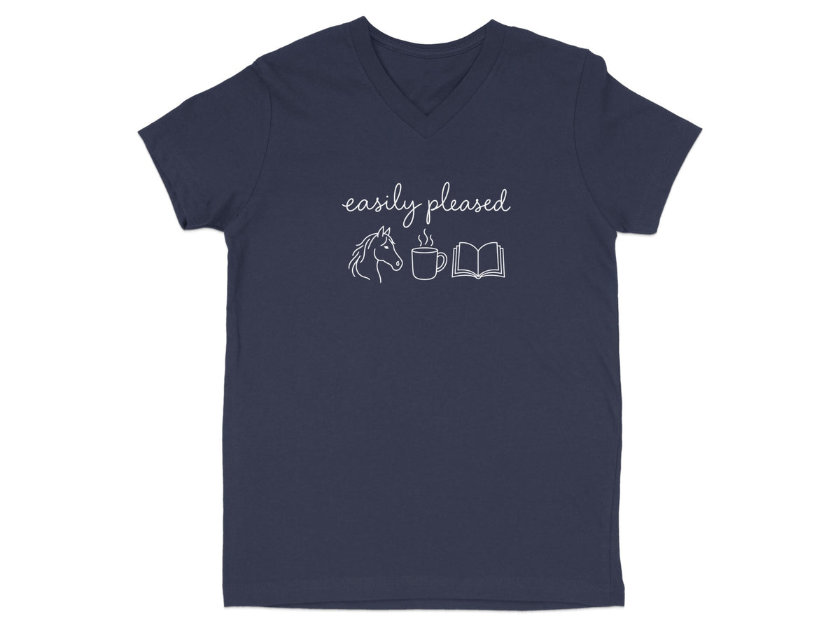 Navy v-neck t-shirt with "easily pleased" text, horse, coffee cup, and book graphic.
