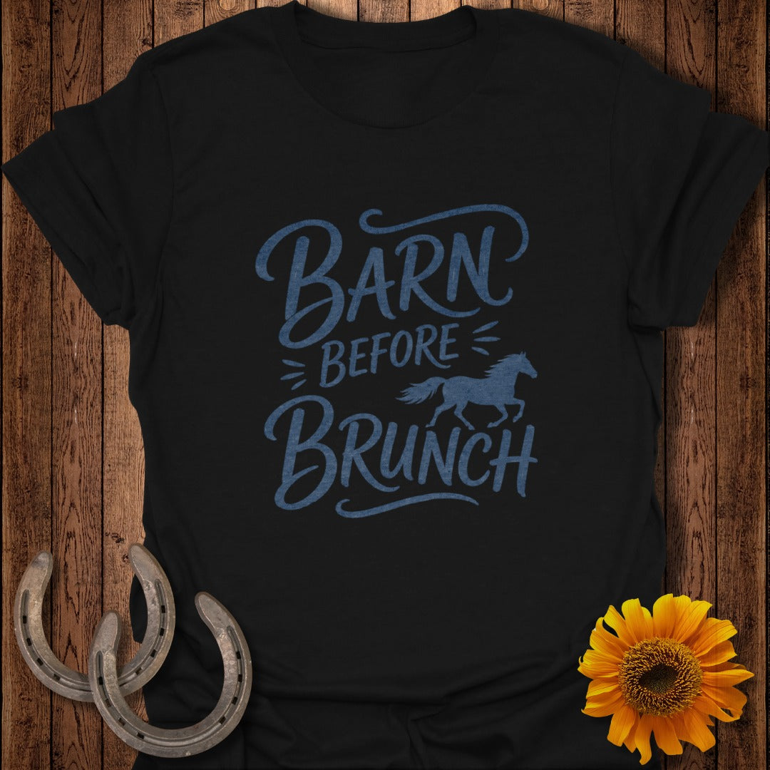 Black t-shirt with blue text and horse graphic: "Barn Before Brunch".