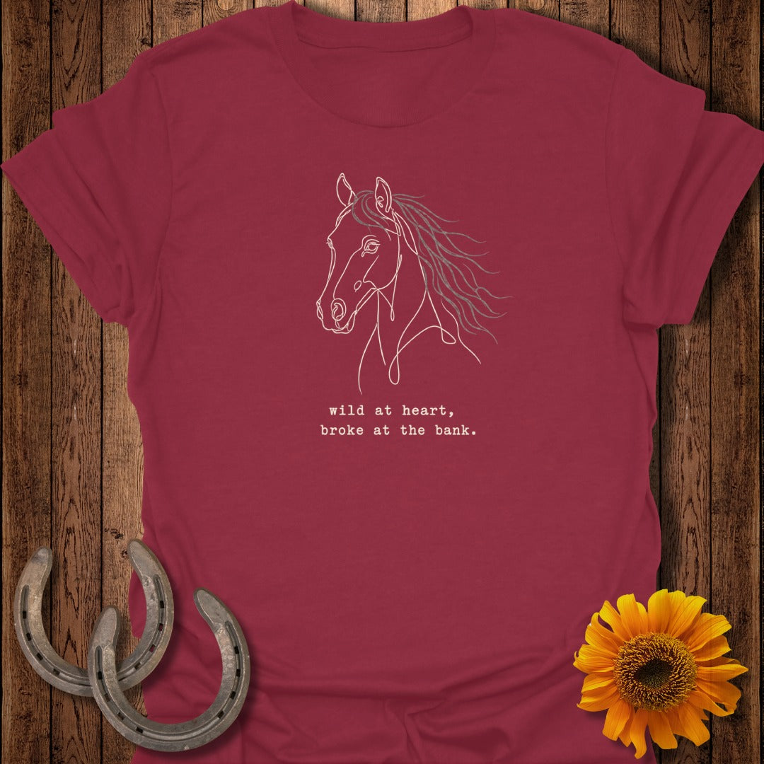 Maroon t-shirt with a line drawing of a horse and text.