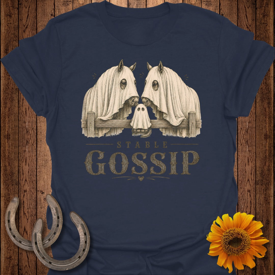Two horses in ghost sheets and a ghost share secrets over a fence with text "Stable Gossip."