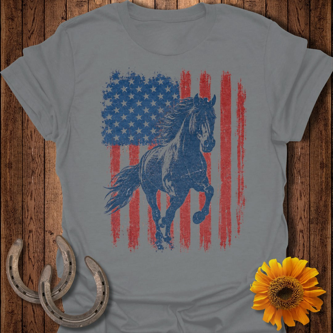 Distressed American flag with a horse galloping across it.