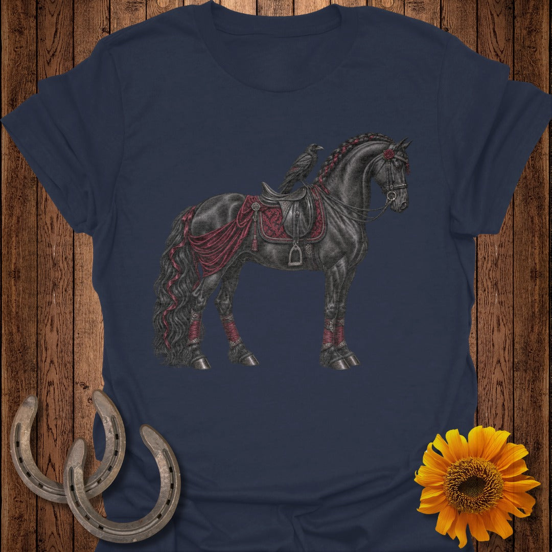 Black horse with ornate saddle, adorned with dark red fabric and a raven.