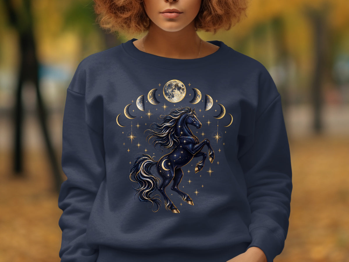 Dark blue sweatshirt with a rearing black horse, moon phases, and gold stars design.