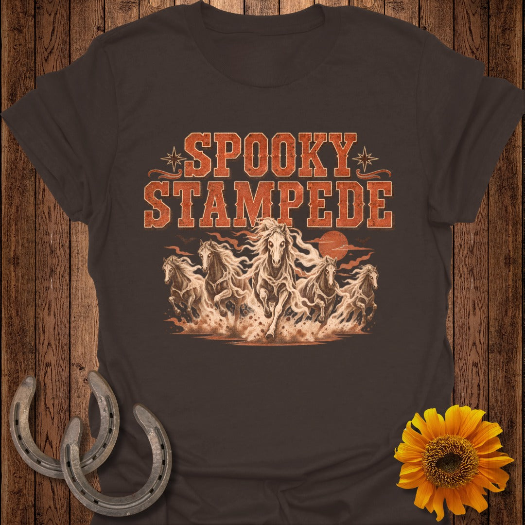 Dark brown t-shirt with "Spooky Stampede" text and galloping horses graphic.