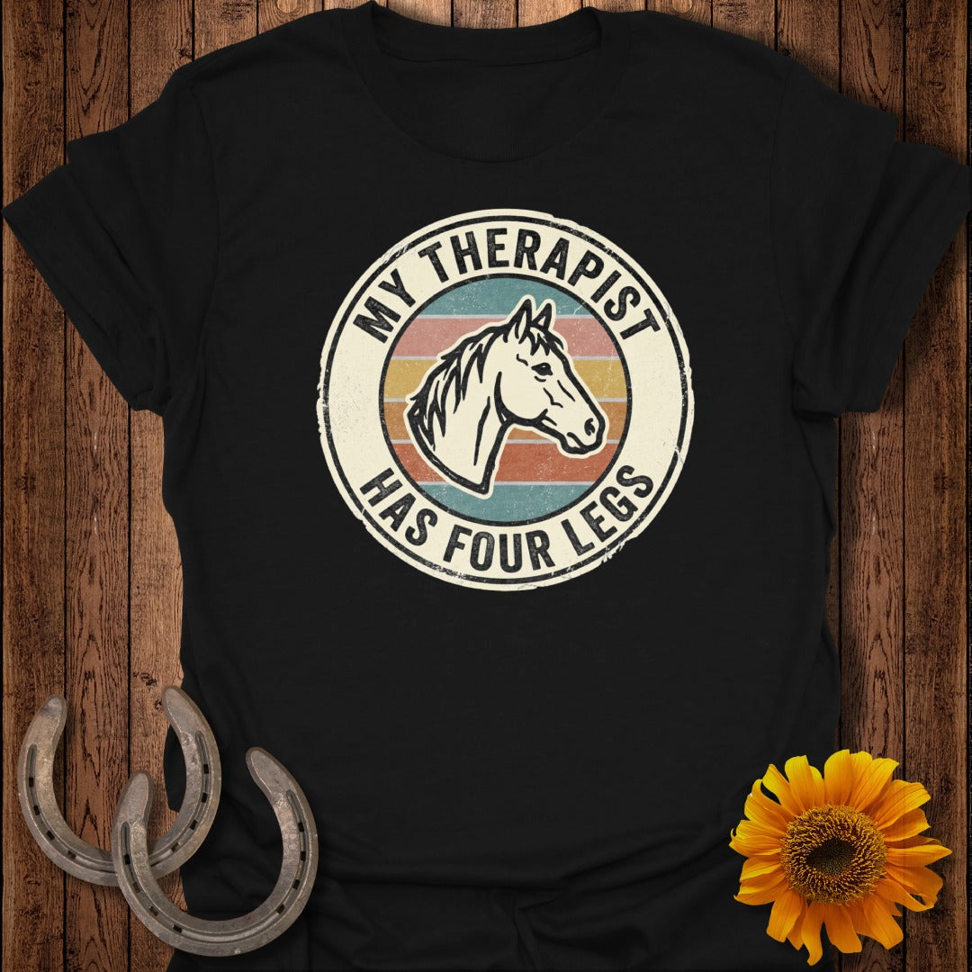 Black t-shirt with vintage horse graphic and text "My therapist has four legs".